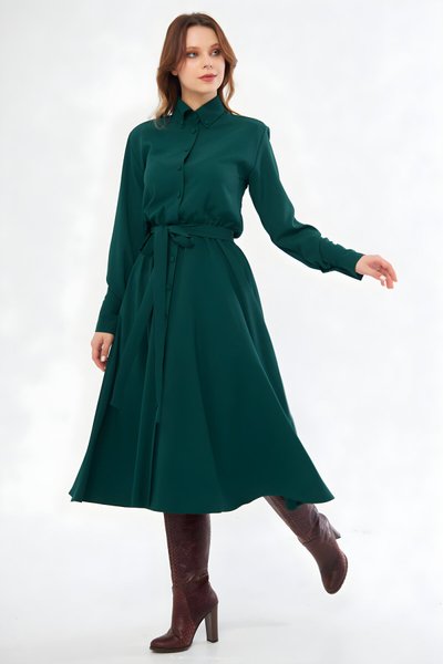 Zümrüt Midi Uzun Kol Kuşaklı Beli Lastikli Cepli Gömlek Elbise