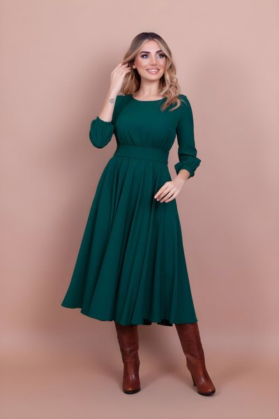 Zümrüt Midi Yuvarlak Yaka Cep Detaylı Elbise