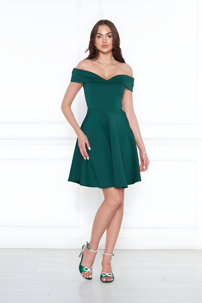 Zümrüt Mini Kloş Kalp Yaka Düşük Omuz Scuba Abiye Elbise
