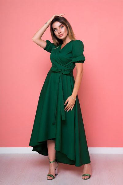 Asymmetrical Cut Front-Short-Back-Long Crossover-Neck Dress - Emerald Green