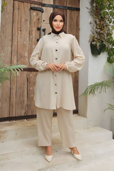 Bej İkili Büzgü Detaylı Tesettür Takım