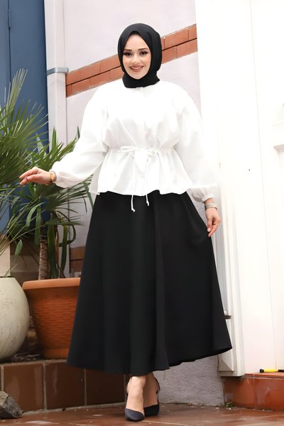 Beyaz İkili Bronş Detaylı Tesettür Takım