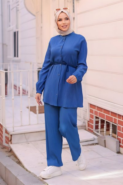 İndigo İkili Hakim Yaka Detaylı Tesettür Takım