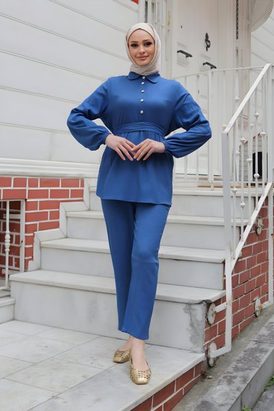 İndigo Tesettür Taş Düğme Detaylı İkili Takım