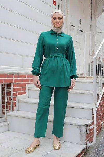 Yeşil İkili Taş Düğme Detaylı Tesettür Takım