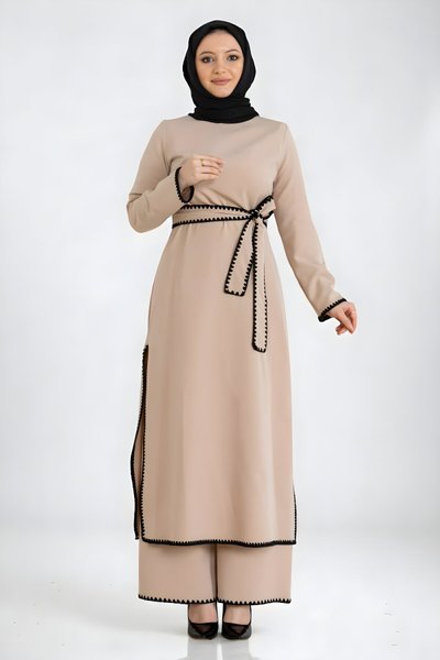 Bej Çoban Dikişli İkili Kemerli Tesettür Takım