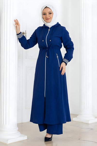 İndigo Beli Bağcıklı Kapşonlu İkili Tesettür Takım