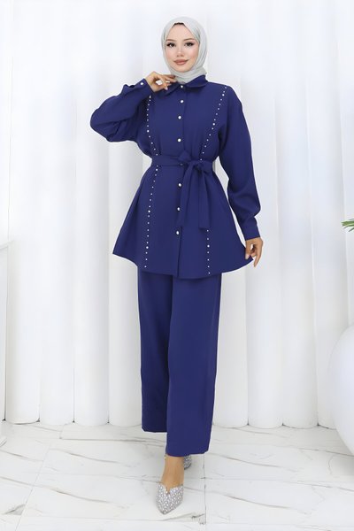 İndigo İkili İncili Kuşaklı Tesettür Takım