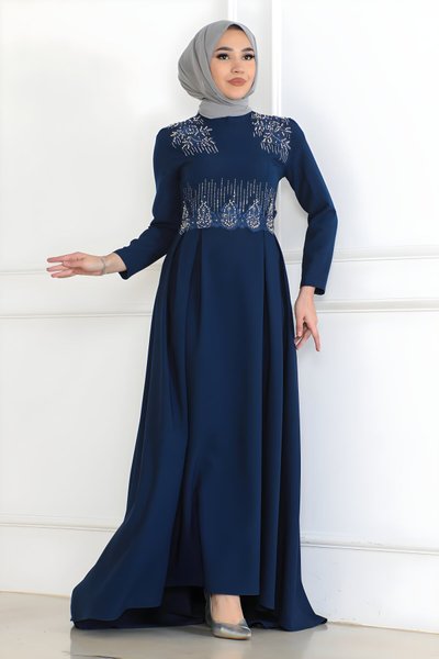 İndigo Tesettür İnci Detaylı Abiye Elbise