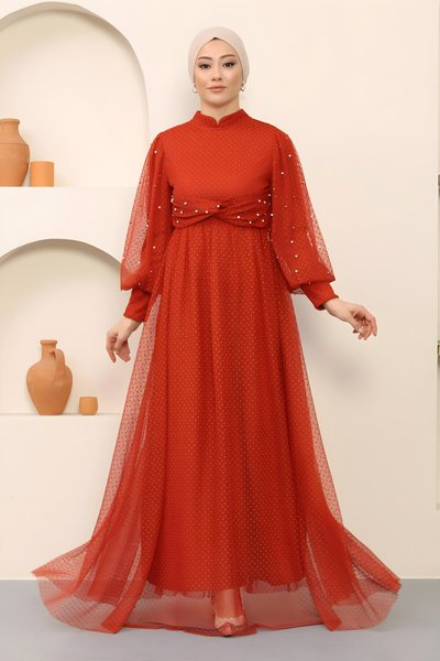 Kiremit Tül İnci Detaylı Tesettür Abiye Elbise