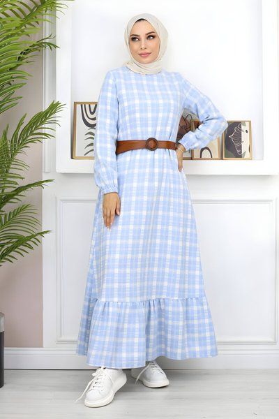 Mavi Desenli Tesettür Fırfırlı Elbise