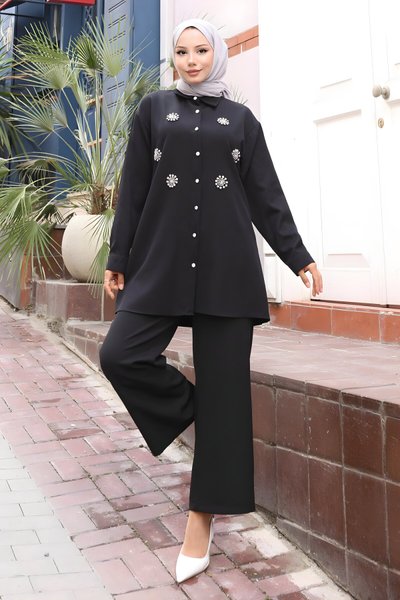 Siyah Tesettür Parıltı Taş Detaylı İkili Takım