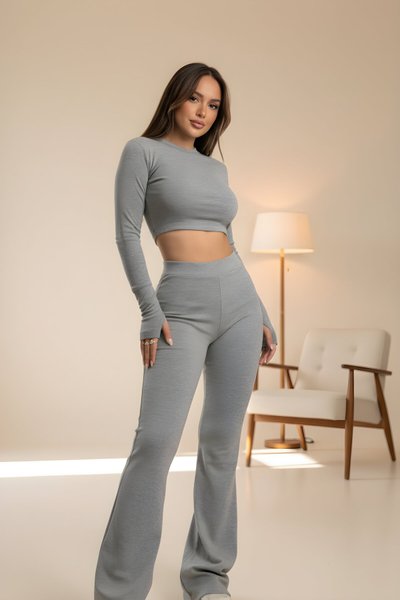 Antrasit Basic Crop İspanyol Paça Parmak Geçmeli Tayt İkili Takım