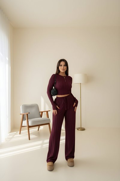 Bordo Bisiklet Yaka Crop Ters Dikiş Pantolon İkili Takım