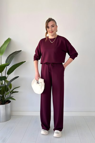 Bordo Uzun Kol Bisiklet Yaka Modal Kumaş İkili Takım