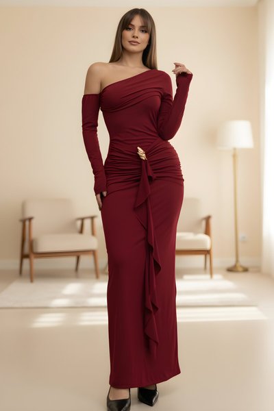 Bordo Uzun Tek Omuzlu Toka Detaylı Tasarım Abiye Elbise
