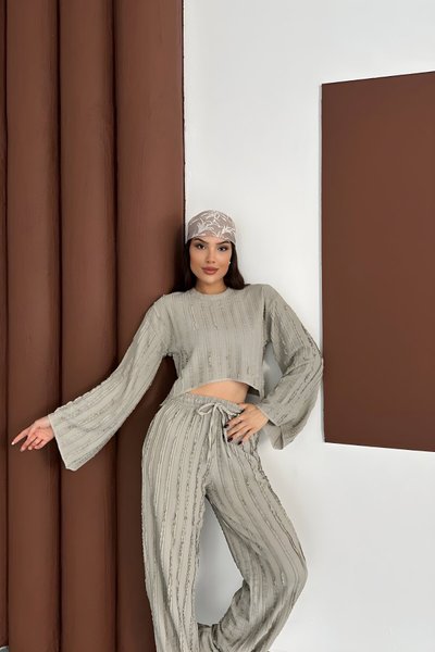 Gri İspanyol Kol Crop Pantolon İkili Ters Dikiş Takım