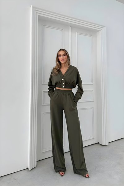 Haki Selanik Kumaş İkili Düğme Detaylı Hırka ve Pantolon Takım