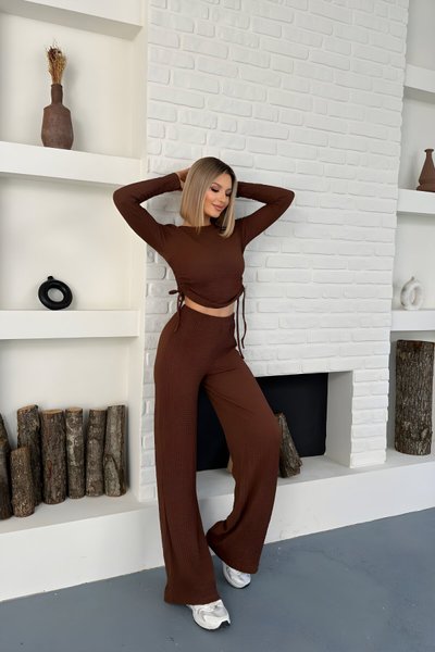 Kahverengi Gofre Uzun Kollu Yanları Büzgülü İkili Takım