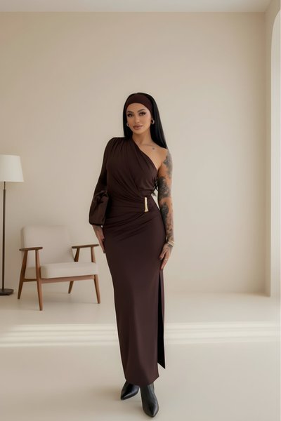 Long One-Shoulder Draped Accessory-Detail Evening Dress - Brown
