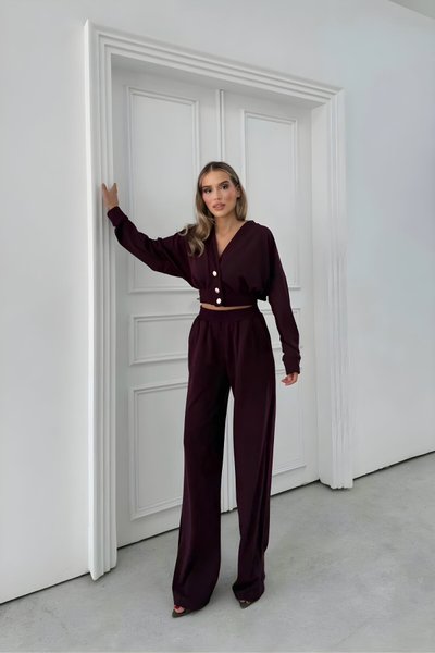 Mürdüm Selanik Kumaş İkili Düğme Detaylı Hırka ve Pantolon Takım