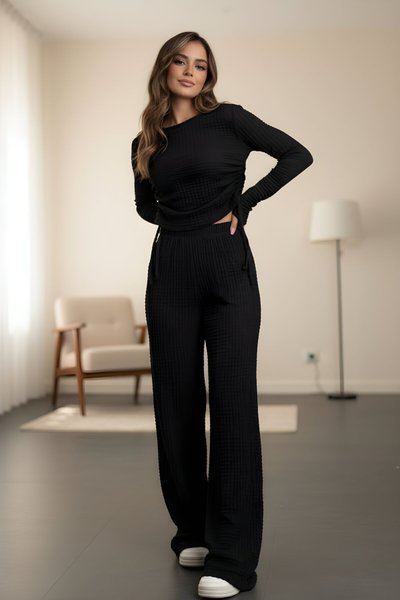 Siyah Gofre Kumaş İkili Yanları Büzgülü Takım