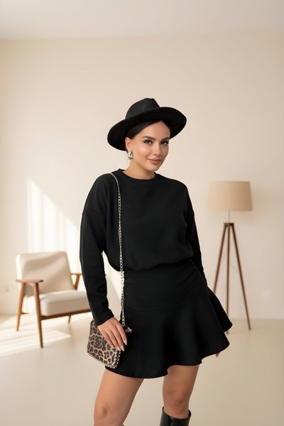 Siyah Mini Büzgülü Bisiklet Yaka Selanik Kumaş Elbise