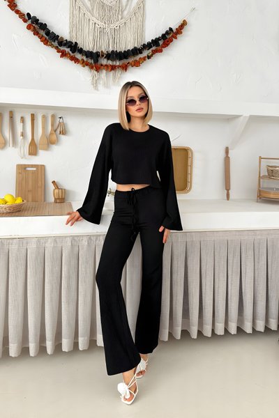 Siyah Salaş İspanyol Kol Crop ve Pantolon İkili Takım