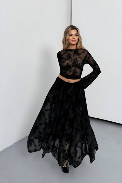 Long Asymmetric Cut Lace-Detailed Skirt - Black