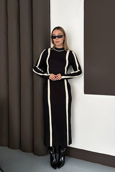 Siyah Uzun Kalem Triko Dik Yaka Garnili Elbise