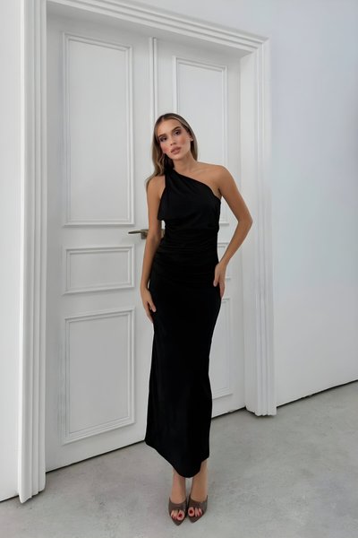 Siyah Uzun Sandy Fularlı Tek Omuz Askılı Straplez Elbise