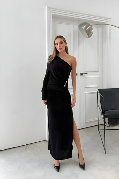 Long Slitted Sandy One-Shoulder Accessory-Detail Evening Dress - Black