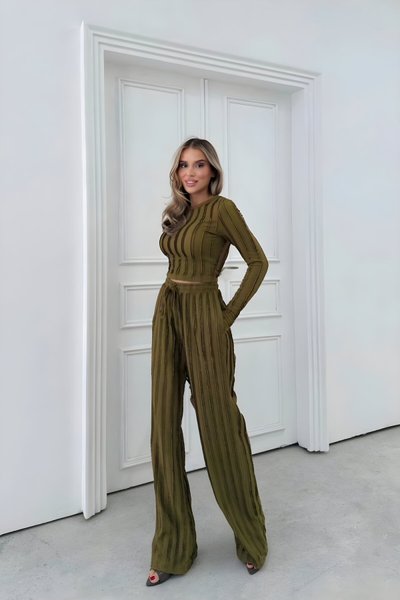 Yağ Yeşili Crop ve Pantolon İkili Parmak Geçmeli Ters Dikiş Takım