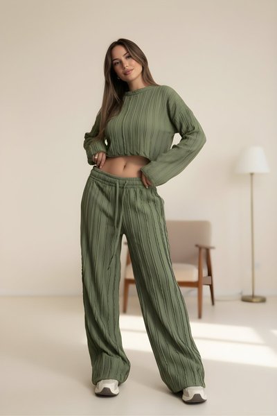 Yeşil İspanyol Kol Crop Ters Dikiş Pantolon İkili Takım