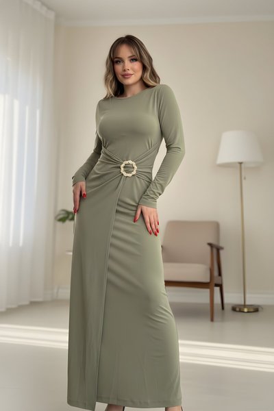 Yeşil Uzun Bel Toka Detaylı Elbise