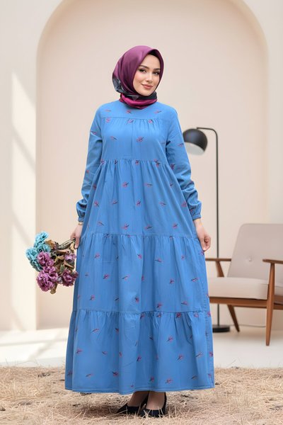 Açık Mavi Çiçek Nakışlı Kot Tesettür Elbise