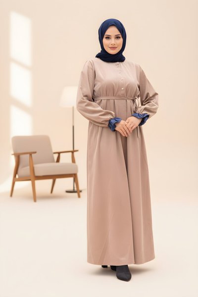 Patterned Velvet Trim Modest Dress - Beige