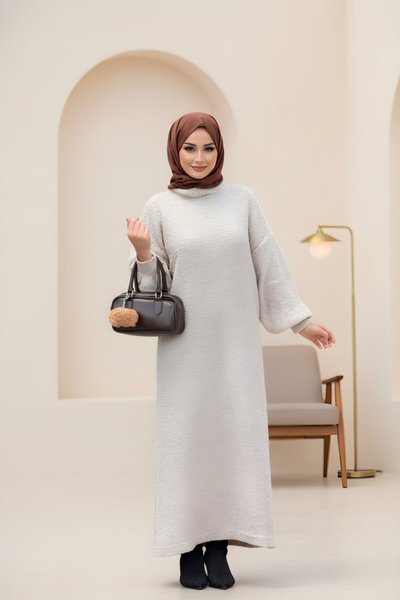 Bej Desenli Oversize Triko Tesettür Elbise