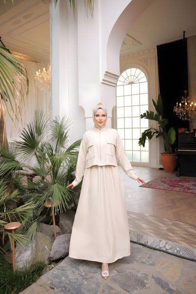 Bej Keten Ceket Elbise İkili Tesettür Takım