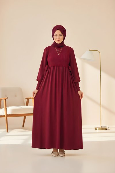 Bordo Desenli Dantelli Yandan Bağlamalı Örme Tesettür Elbise