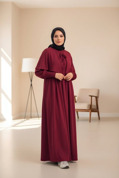 Bordo Desenli Örme Pelerinli Tesettür Elbise