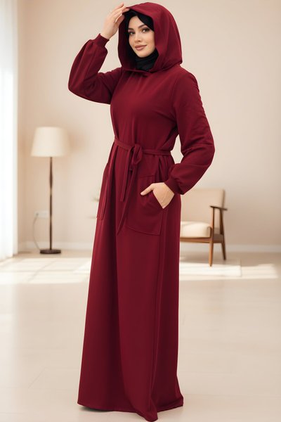 Bordo Sweat Kapüşonlu Tesettür Elbise