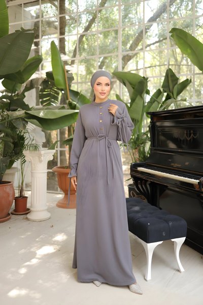 Gri Burgu Örme Yarım Pat Tesettür Elbise