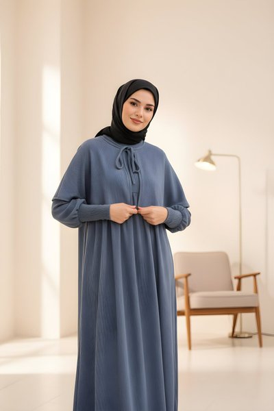 Gri Örme Pelerinli Tesettür Elbise