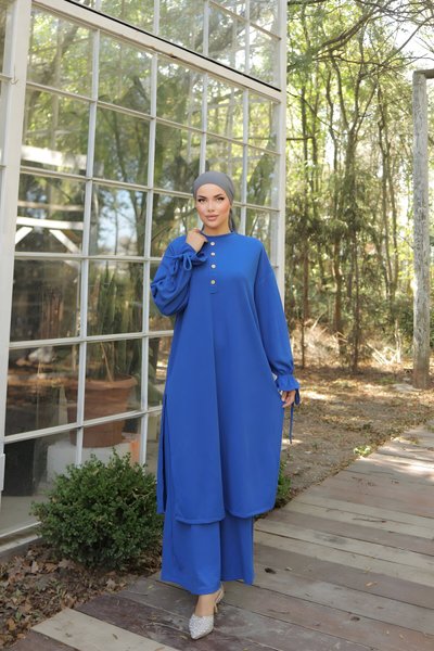 İndigo Örme Pantolon İkili Düğme Detaylı Tesettür Takım