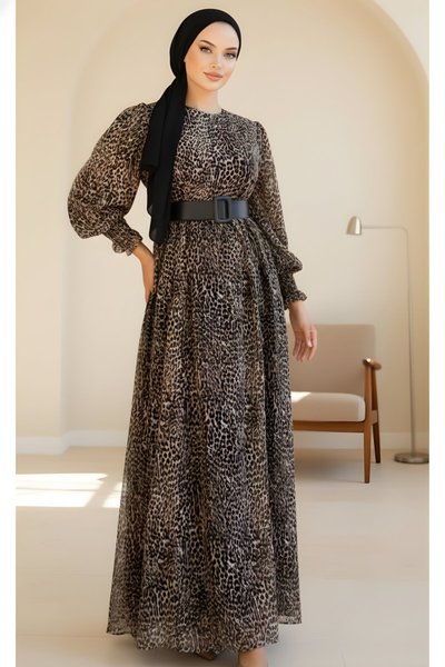 Modest Patterned Glittery Chiffon Balloon Sleeve Dress - Brown