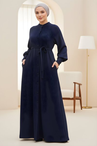 Lacivert Örme Reglan Kollu Kaplama Düğmeli Ferace