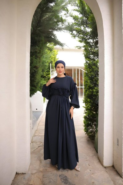 Lacivert Oversize Robalı Büzgülü Tesettür Elbise