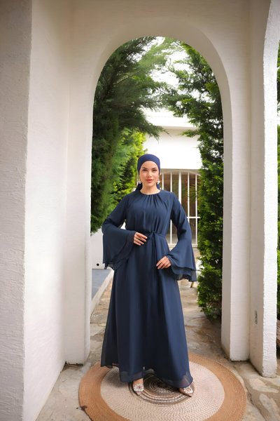 Lacivert Şifon Astarlı Tesettür Abiye Elbise
