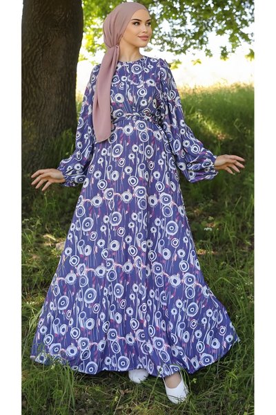 Mavi Yuvarlak Desenli Saten Bağlamalı Tesettür Elbise